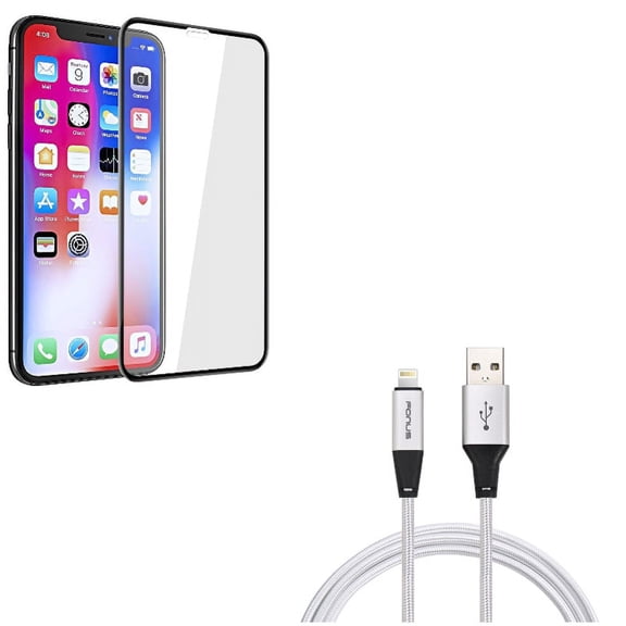 Screen Protector w 6ft USB Cable for iPhone XR - Tempered Glass 5D Touch Curved Edge Full Cover, Charger Cord Power Wire Braided