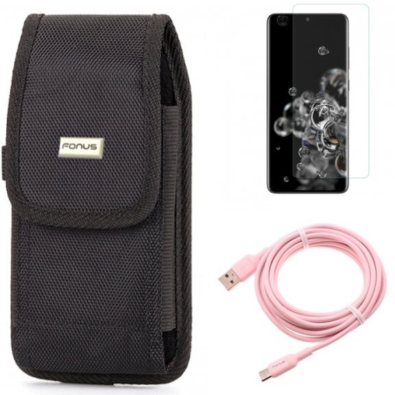 Screen Protector w Case Belt Clip w 10ft Long USB-C Cable for Samsung Galaxy S20 Ultra - Tempered Glass [Fingerprint Unlock] 3D Curved Edge, Swivel Holster Rugged, Pink Charger fits Galaxy S20 Ultra