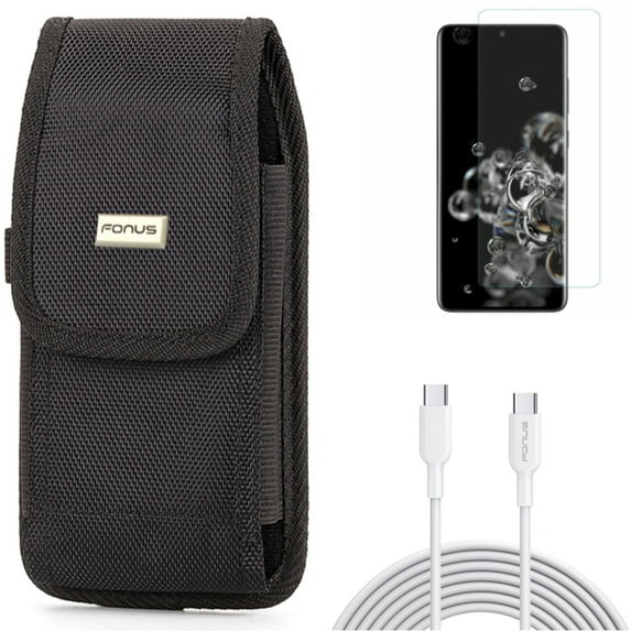 Screen Protector w Case Belt Clip w 6ft Long Type-C Cable for Samsung Galaxy S20 Ultra - Tempered Glass [Fingerprint Unlock] 3D Curved Edge, Rugged Holster Canvas, PD Fast fits Galaxy S20 Ultra