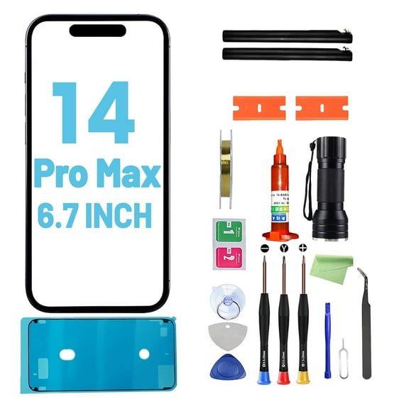 Screen Replacement for iPhone 14 Pro Max  6.7" Tempered Glass Front Repair Kit with Waterproof AdhesiveNo OLED & No Touch Digitizer