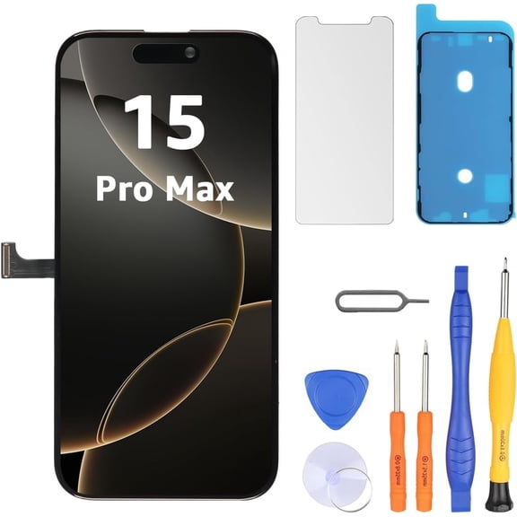 Screen Replacement for iPhone 15 Pro Max 6.7" LCD Retina FHD Display COF Touch Screen Digitizer with Repair Tool Kits, Waterproof Tape, Screen Protector, Black