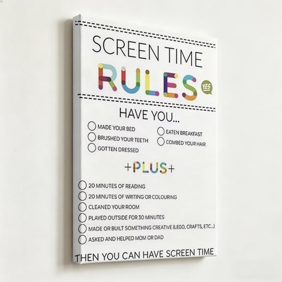 "Screen Time Rules" Interactive Checklist Canvas Wall Art, Whimsical Colorful Kids Routine Poster, Matte Finish Gallery Wrapped Playroom Decor 8*12