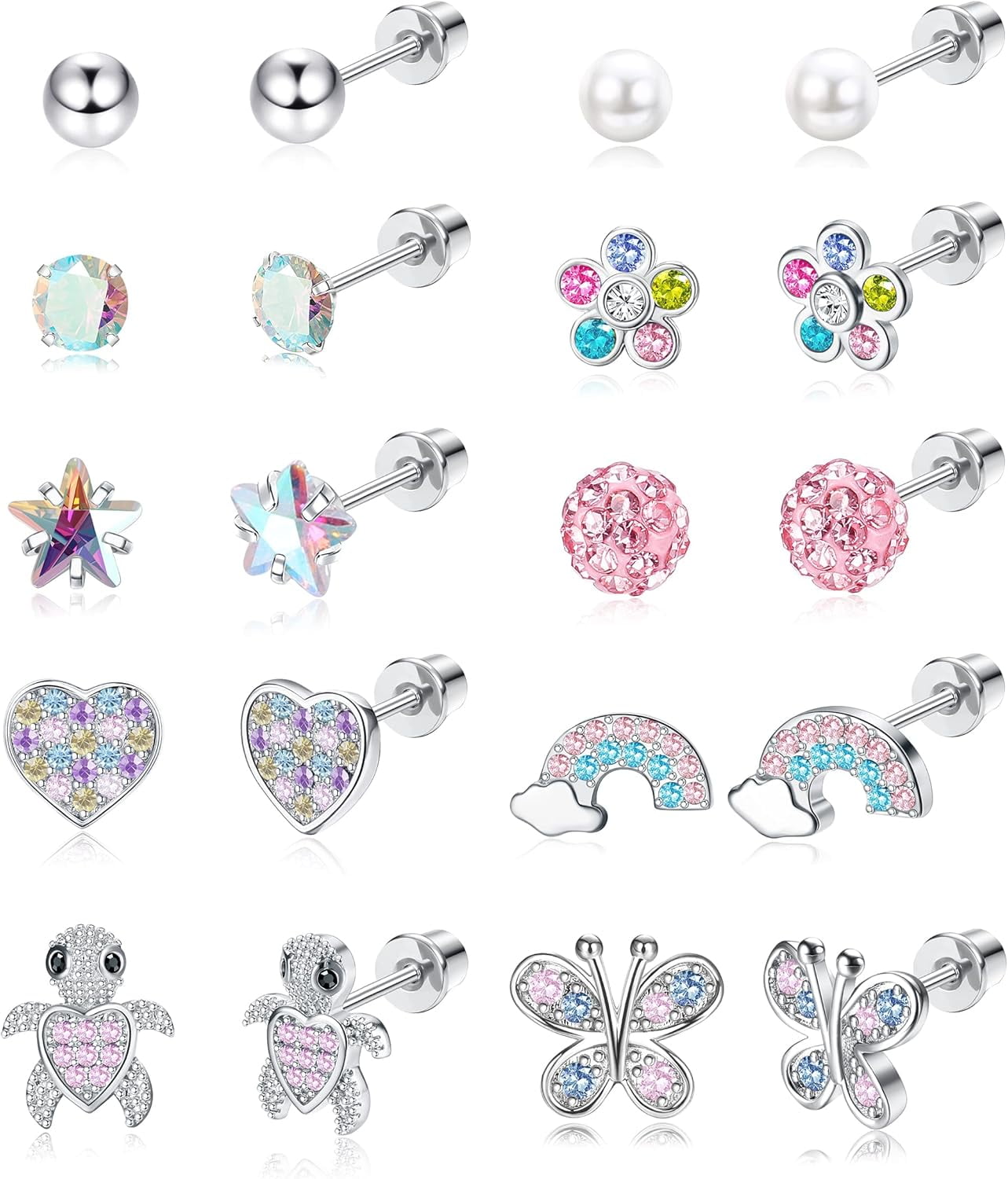 Screw Back Hypoallergenic Earrings for Women Cute Pink Colorful Surgical Steel Screwback Stud Earrings Set Fit Mom Dauther age：over 3 years old COLORFUL COLORFUL COLORFUL COLORFUL