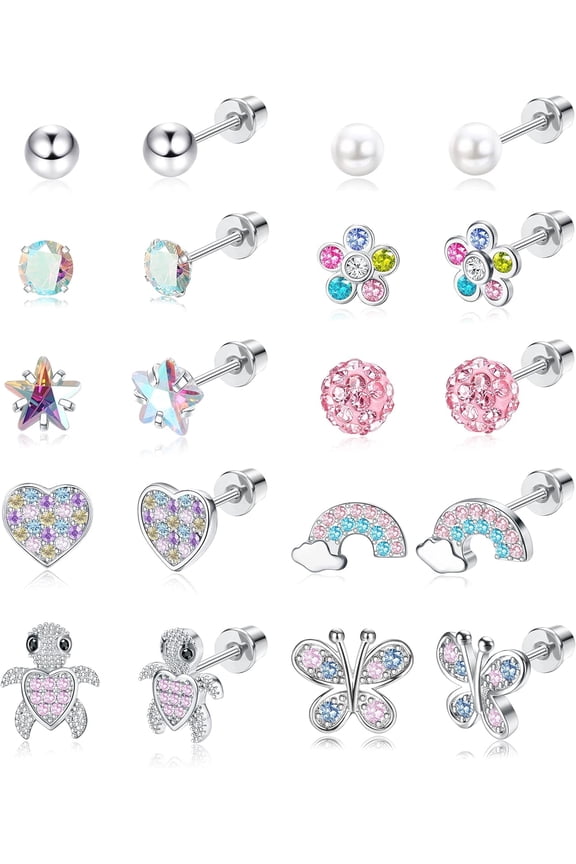 Screw Back Hypoallergenic Earrings for Women Cute Pink Colorful Surgical Steel Screwback Stud Earrings Set Fit Mom Dauther ageover 3 years old COLORFUL COLORFUL COLORFUL COLORFUL