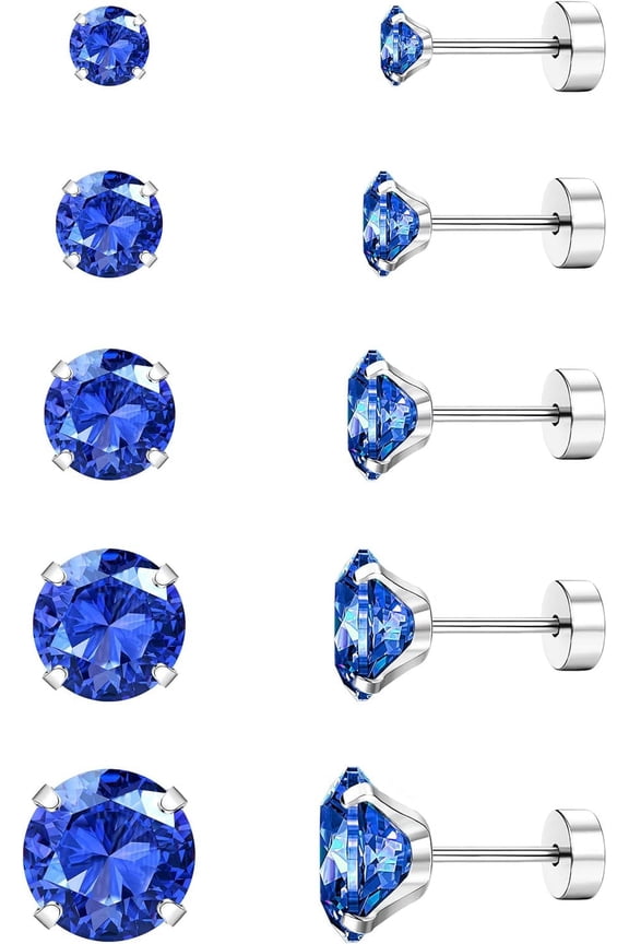 Screw Back Stud Earrings Set 20G Titanium Steel Cartilage Piercing Jewelry for Women Men Sensitive Ears CZ Tragus Helix Flat Back Earrings Stud Sapphire