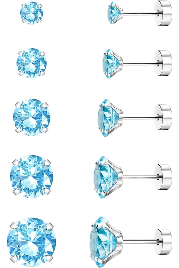 Screw Back Stud Earrings Set 20G Titanium Steel Cartilage Piercing Jewelry for Women Men Sensitive Ears CZ Tragus Helix Flat Back Earrings Stud Sky Blue