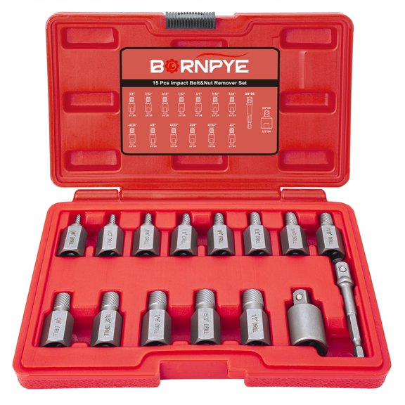 Screw Extractor Set with 3/8" Inch Drive, Hex Head Multi-Spline Easy Out Allen Screw Extractor Kit Stripped Bolt Removal Tool for Removing Broken Rounded Rusted Bolts Screws Nuts (15-Pieces)