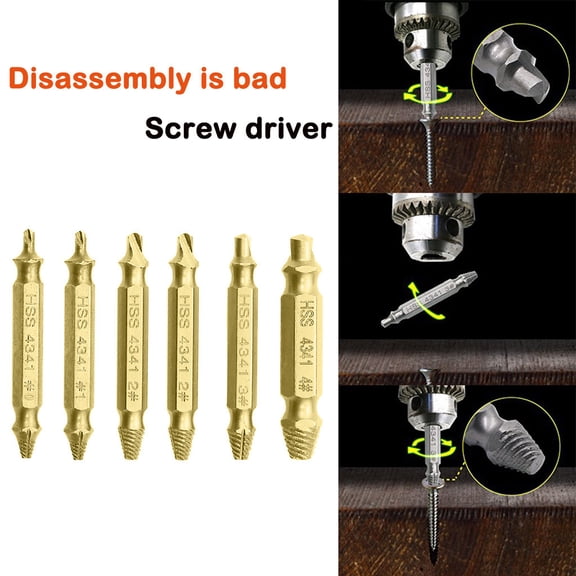 Screw Extractor Set, Gold, 6-Piece Broken Screw Remover with Drill Bits, Spring DIY and Home Repair Tool, Includes 6 Extractors in 1 Box, Easy Out Design For Xinyat