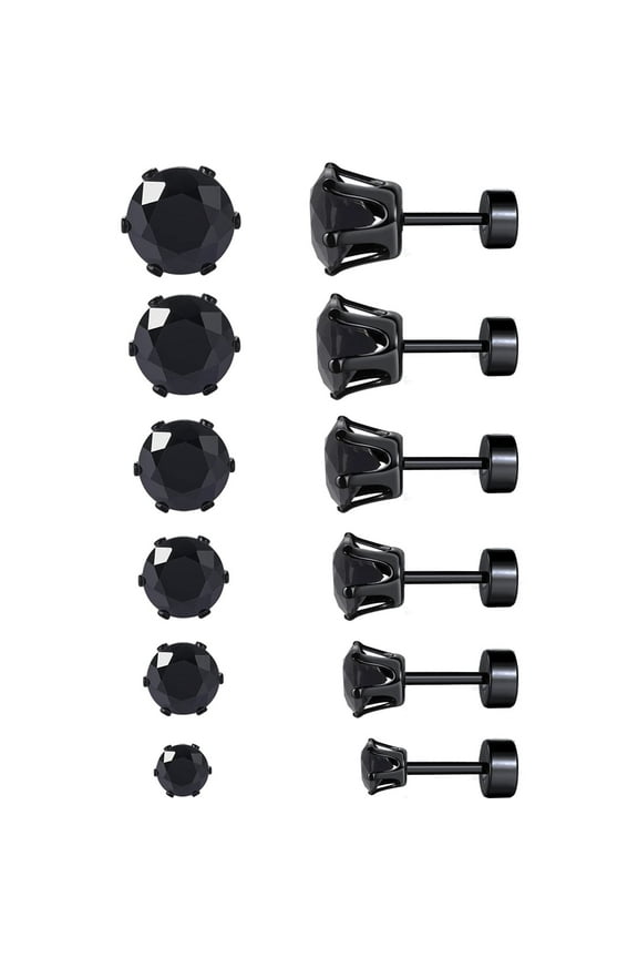 Screw Flat Back Titanium Surgical Stainless Steel Earrings Packs Black Gold Plated Hypoallergenic for Women Men Sensitive Ears Black Cubic Zirconia Simulated Diamond CZ Helix Stud Multipack Piercing