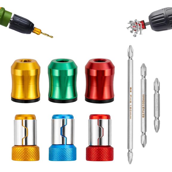 Screw Holder Ring Grip Set, 6 count Rings with 3 count Ph2 Bits, Magnetizer for Secure Screw Grip Hex Screwdrivers & Power Drills, Prevents Dropping for Mechanics and Carpenters