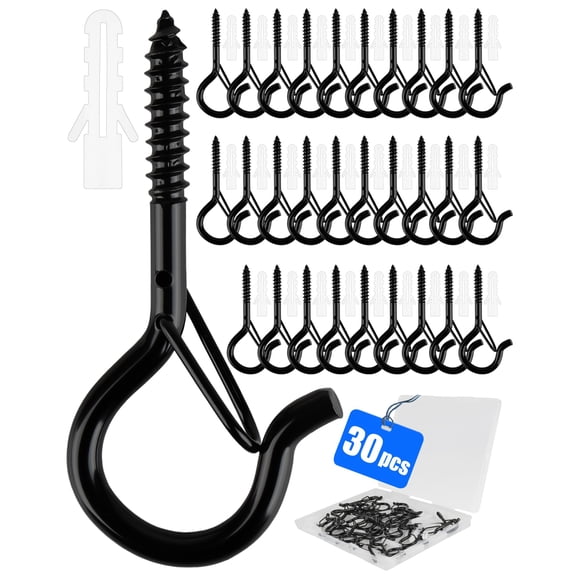 Screw in Hooks, 30 Pack Heavy Duty Screw Hooks with Safety Buckle, Metal Wall & Ceiling Hooks for Hanging Plants, Bird Houses, Wind Chimes, String Lights, Black