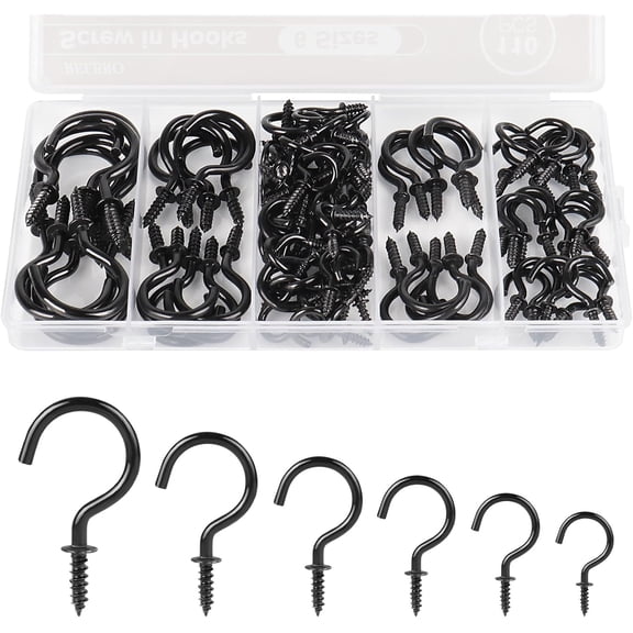 Screw Hooks, 6 Sizes Metal Screw in Cup Hooks, 1/2 Inch, 5/8 Inch, 3/4 Inch, 7/8 Inch, 1 Inch, 1-1/4 Inch, Black, 110 Pcs