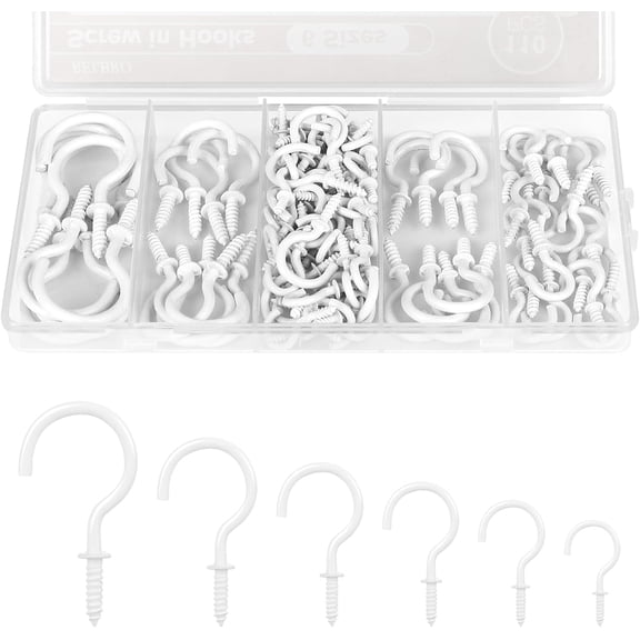 Screw Hooks, 6 Sizes Metal Screw in Cup Hooks, 1/2 Inch, 5/8 Inch, 3/4 Inch, 7/8 Inch, 1 Inch, 1-1/4 Inch, White, 110 Pcs