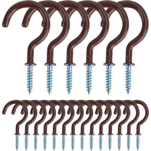 Screw Hooks Vinyl Coated Screw-in Cup Hooks 2.0 Inch Ceiling Hooks Metal Wall Hang Hooks Great for Coffee Tea Cup, Plant, Light, Mug Indoor & Outdoor Use 20 Pieces (Brown)