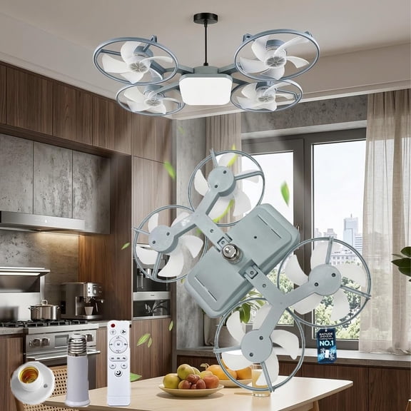 Screw In Ceiling Fan with Light, Drone Style LED Fan Socket, Remote Control 3 Speed Dimmable Foldable Blades for Bedroom (Gray)