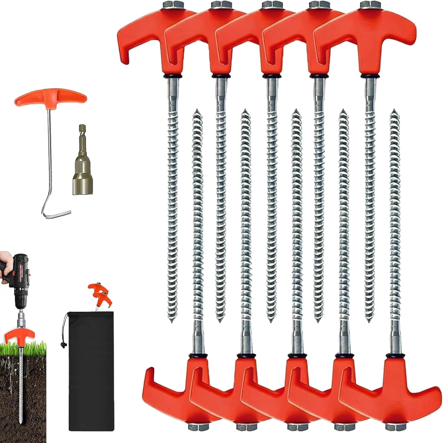 Screw In Tent Stakes 10-Pack 8 Inch Threaded Ground Anchors Drill Compatible(Red 10pcs)