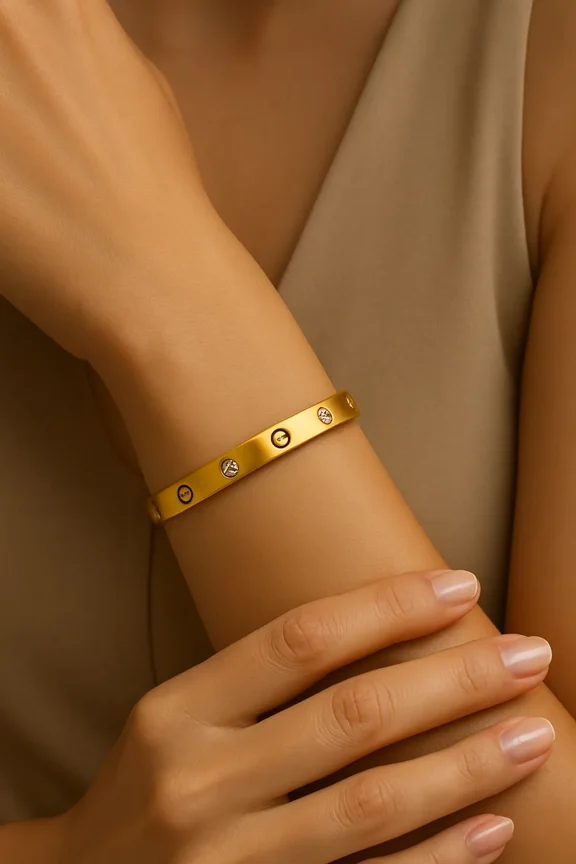 Screw Motif Bangle Bracelet for Women, Elegant Cuff Jewelry with Cubic Zirconia, 925 Sterling Silver with 14K Gold Finish