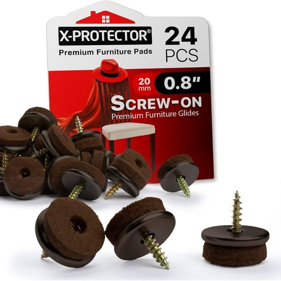 X-PROTECTOR Screw-On Felt Pads - 24 PCS 0.8” Chair Leg Protectors for Hardwood Floors - Brown Sliders