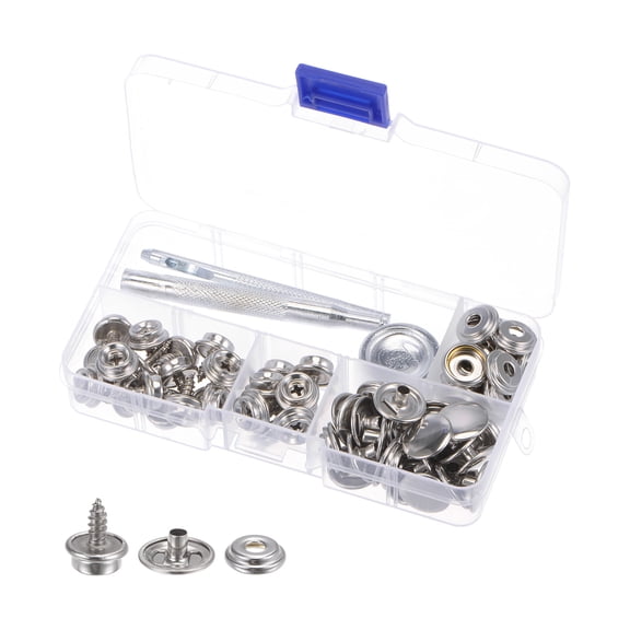 Screw Snap Kit Stainless Steel Snaps Button 15mm with Tool Silver Tone, 25 Sets