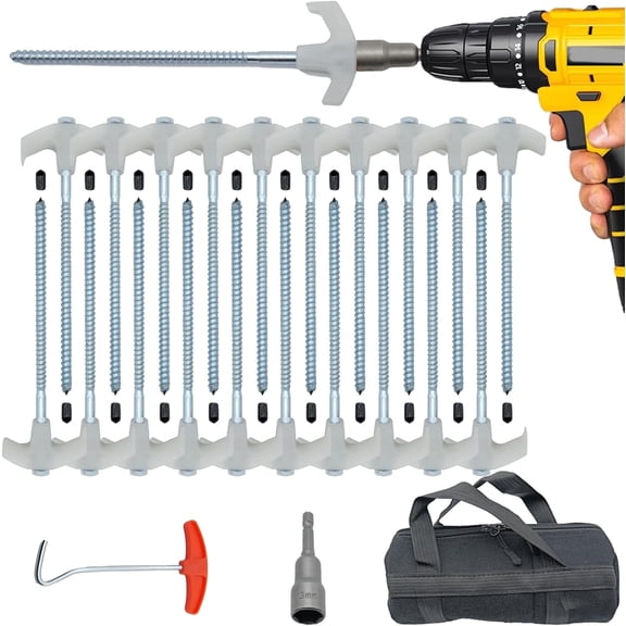 Screw in Tent Stakes Heavy Duty Metal Pegs for Ground, Drill in Camping Stake with Hex Head Driver, Spikes Puller, Protector in Carrying Bag, for Decor, Hiking, Glow in Dark