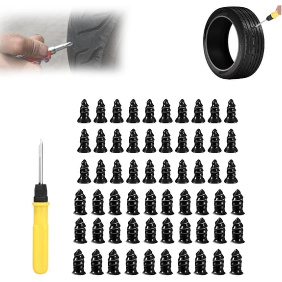 Screw Type Tire Plug Kit, Tire Snap Bits,Tire Repair Rubber Nails Kit with 2 Sizes,Self Sealing Tire Repair Screw in Rubber Plug,Vacuum Tire Mending Nail Kit,Tire Repair Spiral Rubber Studs (60PC)