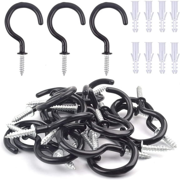 Screw-in Ceiling Hooks,20 Pieces Vinyl Coated Cup Hook Holder, 2-3/4" (7cm) Screw in Mug Hooks with 20 Pieces Plastic Wall Plugs for Coffee Tea Cups, Mugs,Plants - Black