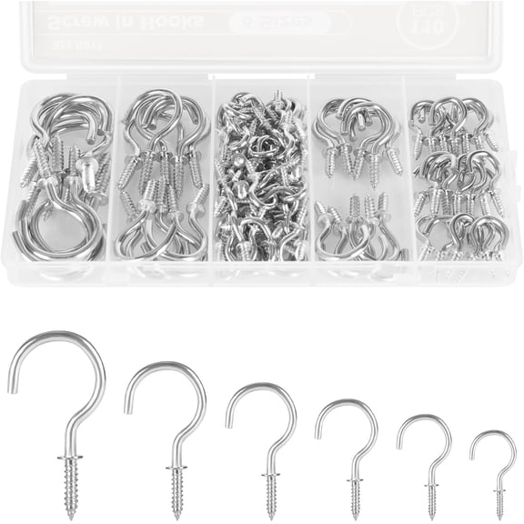 Screw in Cup Hooks Assorted 6 Sizes Metal Ceiling Hooks for Hanging Plants and Mugs Silver 110 Pcs