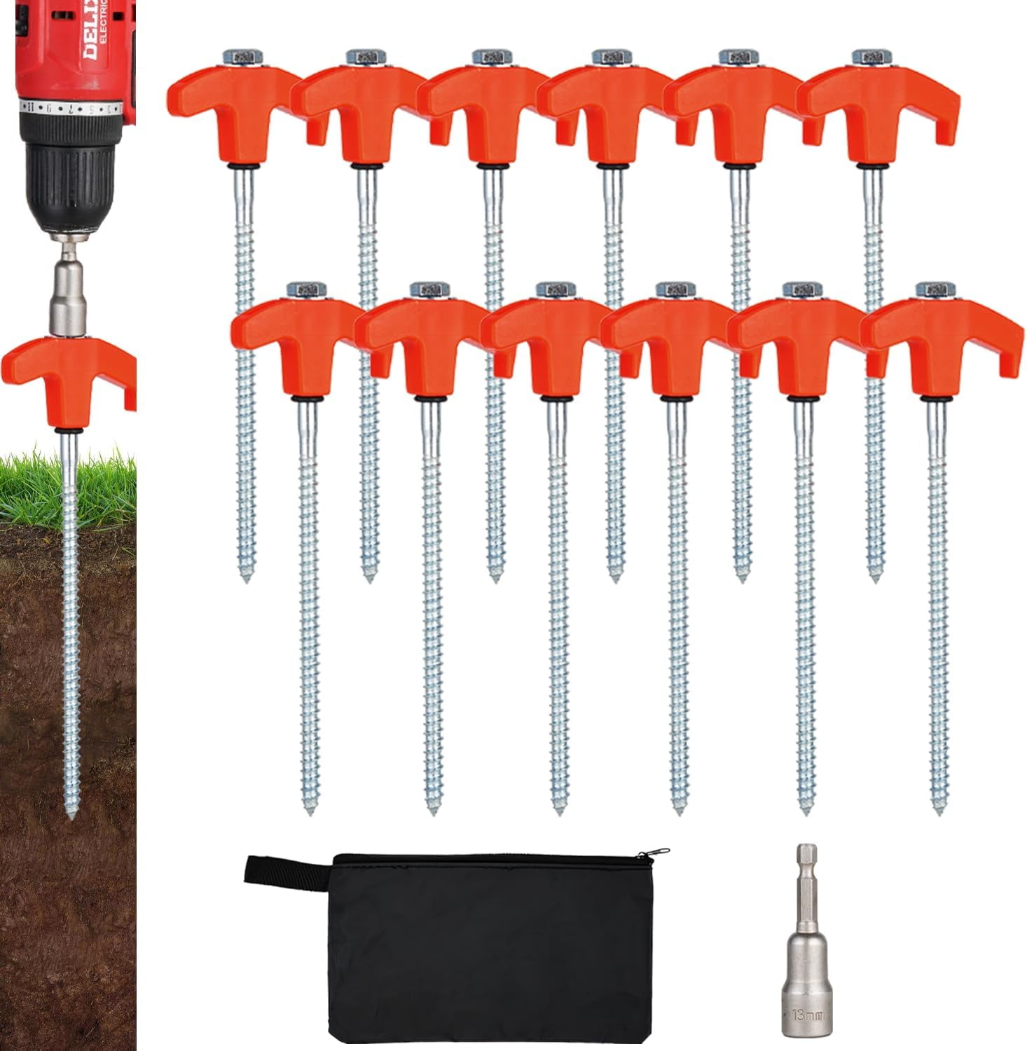Screw in Tent Stakes Heavy Duty, Ground Anchors Screw in, Metal Stakes with Hex Head Driver, Camping Tent Accessories. (Orange)