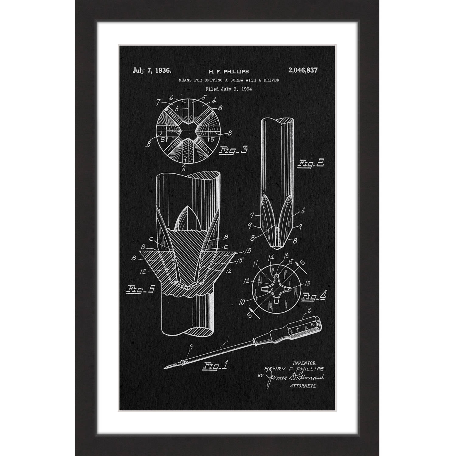 "Screwdriver 1936 Black Paper" Framed Painting Art Print, 12" x 1.5"