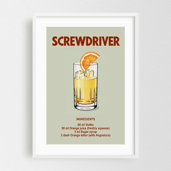 Screwdriver - Ankara Türkiye Illustration Cocktail Bar Kitchen Decor Typography Vintage Poster Fruit Summer White Framed Wall Art Print 20 x 30 inches