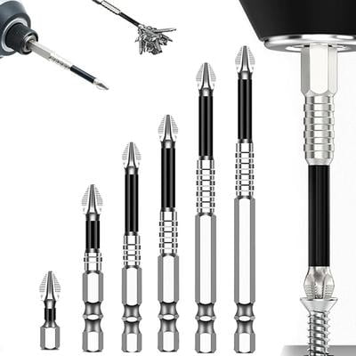 Screwdriver Drill Bit Set Cross Head, High Magnetic Impact Resistant Non-Slip Titanium Alloy, 6-Piece