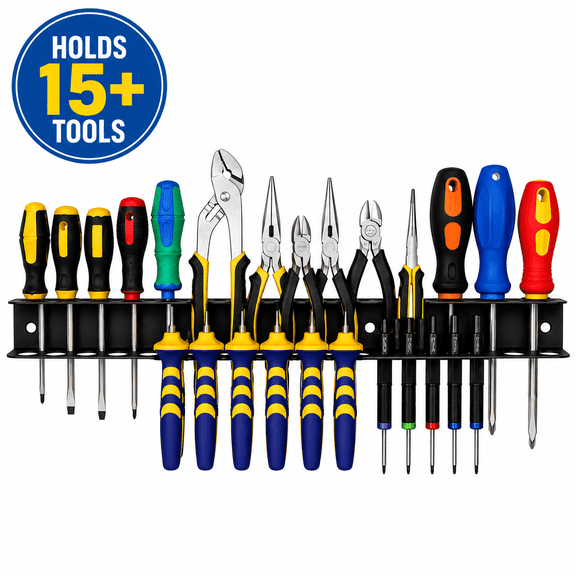 Wall Mounted Tool Organizer Rack, Heavy Duty Screwdriver and Pliers Holder, Steel Garage Storage Rack, Holds 15+ Tools