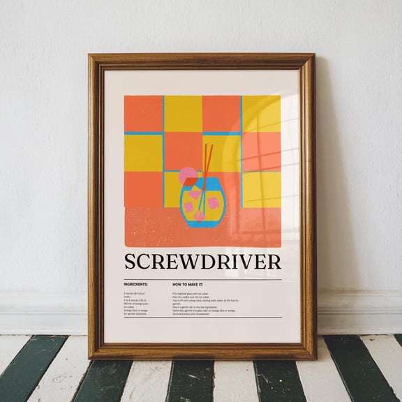 Screwdriver Recipe Art , Colorful Bar Cart Decor, Kitchen Home Decor, Party Wall , Trendy Home Decor Unframed Paper Print