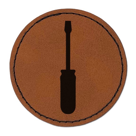 Screwdriver Silhouette Woodworking Tools 2.5" Faux Leather Round Engraved Iron-On Patch - Brown