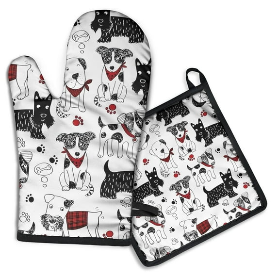 Scribble Dogs Kitchen Oven Mitt and Pot Holder Sets 2 Pcs for Baking, Cooking and Grilling, Heat Resistant Up To 392 °F