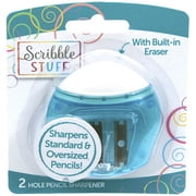 Scribble Stuff 2-Hole Pencil Sharpener with built in eraser in translucent blue.