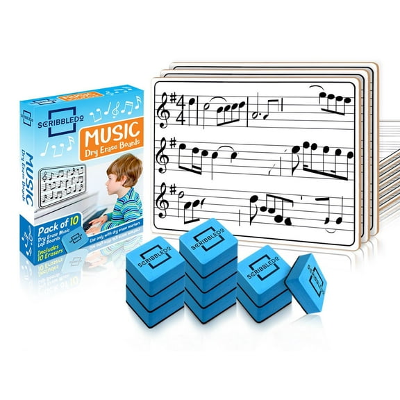Scribbledo 10 Pack Dry Erase Music Staff Lap White Boards 9"X12" l Write Musical Notes and More (Double Sided Whiteboards) Includes 10 Erasers