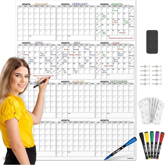Scribbledo Large White Board Calender 2025, Dry Erase Calendar Whiteboard with 6 Markers, 48" x 36"