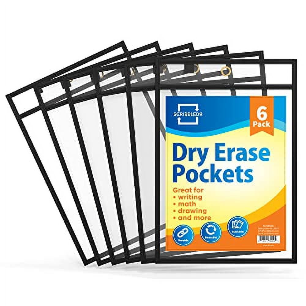 6 pack Dry Erase Pockets Black Plastic Sleeves