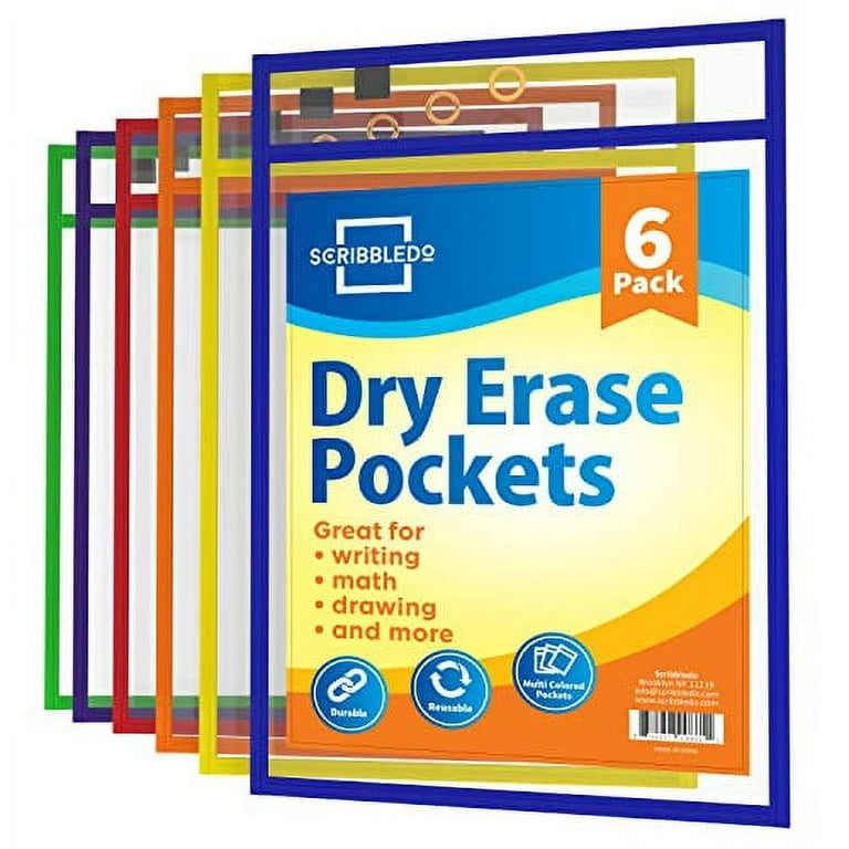 Scribbledo Dry Erase Pockets, 6 Pack Reusable Dry Erase Sleeves with Marker  Holder, Colorful Dry Erase Pocket Sleeves for School or Work, Assorted  Colors Sheet Protectors and Ticket Holders 