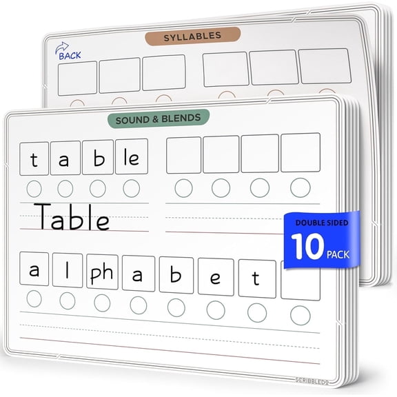 Scribbledo Sounds & Blends Double-Sided Dry Erase Sheets Phonics White Board, 9” x 12”, 10 Pack