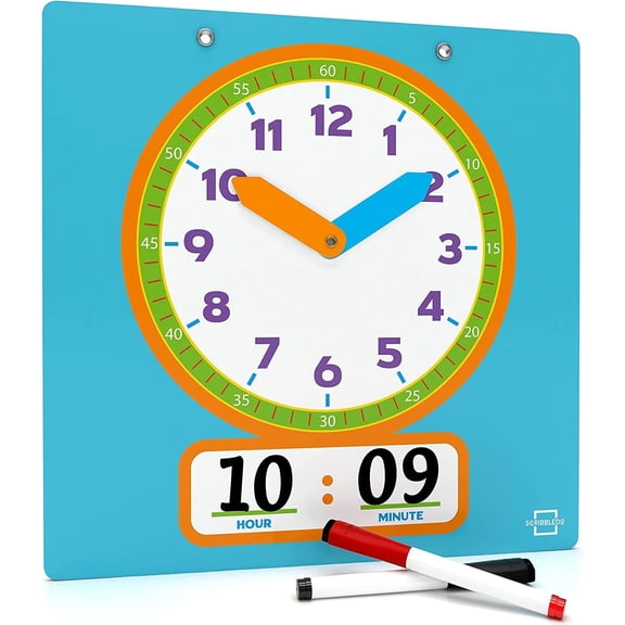 Scribbledo Writable Dry Erase Learning Clock for Kids Write & Wipe Demonstration Clock for Kids Learning to Tell Time Classrooms and Homeschool Supplies