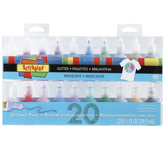 Scribbles 3D Fabric Paint Set, 1 oz Bottle, Assorted Iridescent, Set of 20