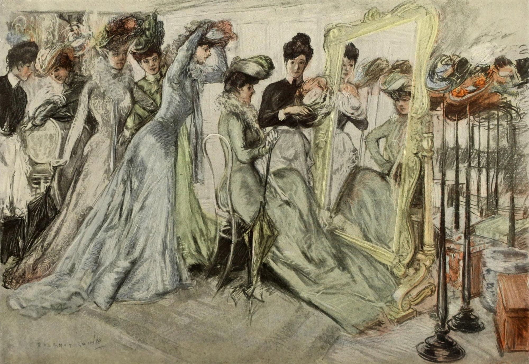 Scribners 31 1902 Trying on hats Canvas Art - Everett Shinn (24 x 36)