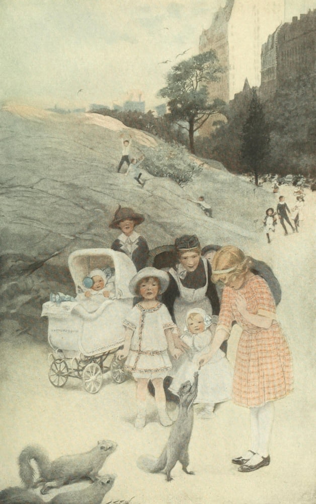 Scribners 35 1904 Feeding the squirrels in Central Park Canvas Art - Sarah S Stilwell (18 x 24)