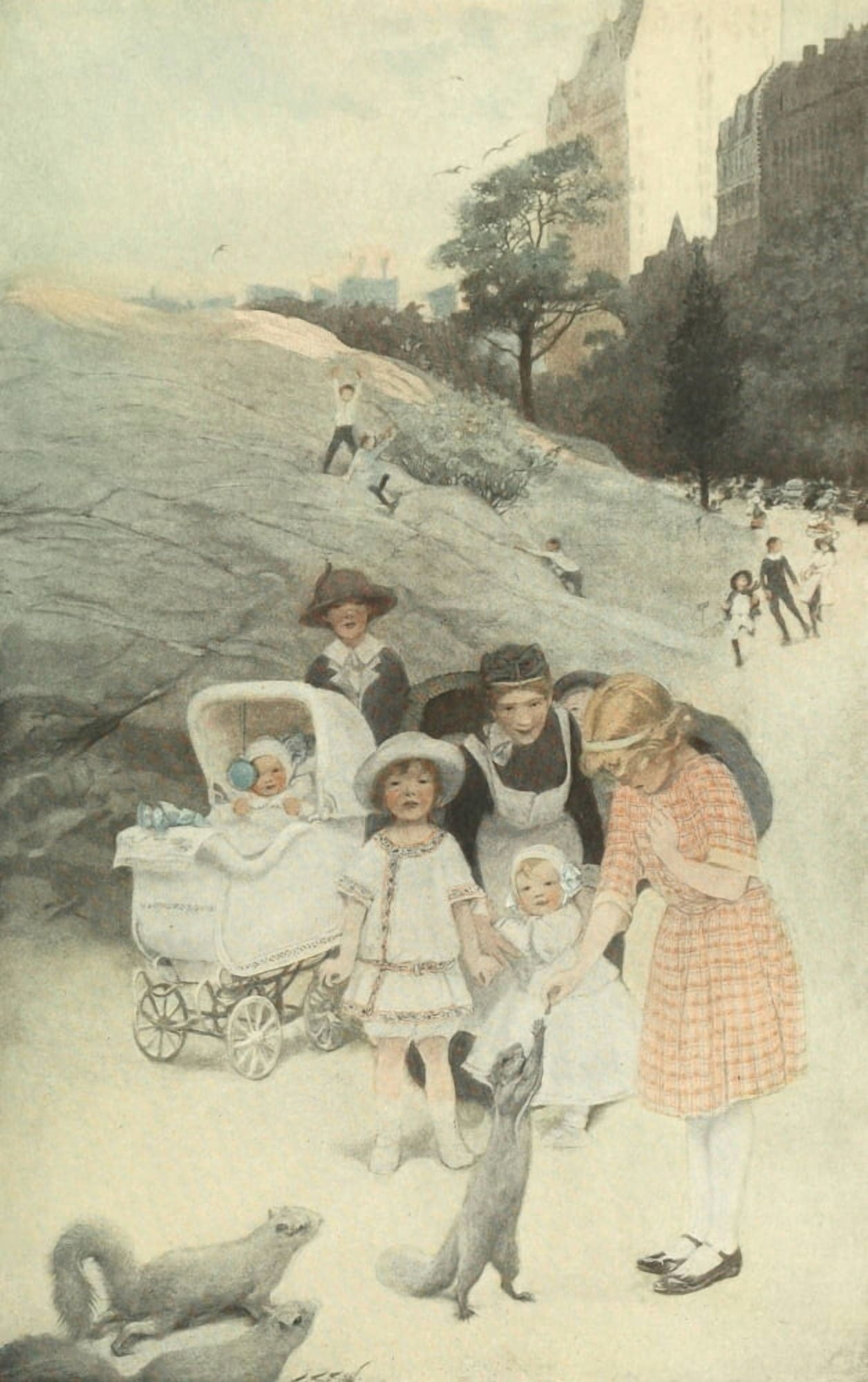 Scribners 35 1904 Feeding the squirrels in Central Park Canvas Art - Sarah S Stilwell (24 x 36)