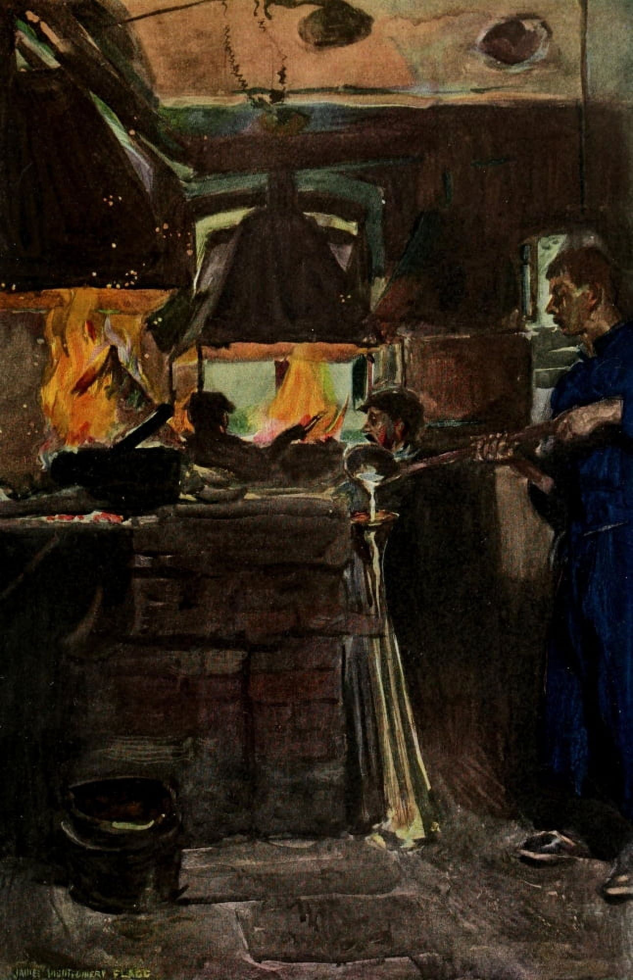 Scribners 43 1908 Pouring melted lead Canvas Art - James Montgomery Flagg (24 x 36)