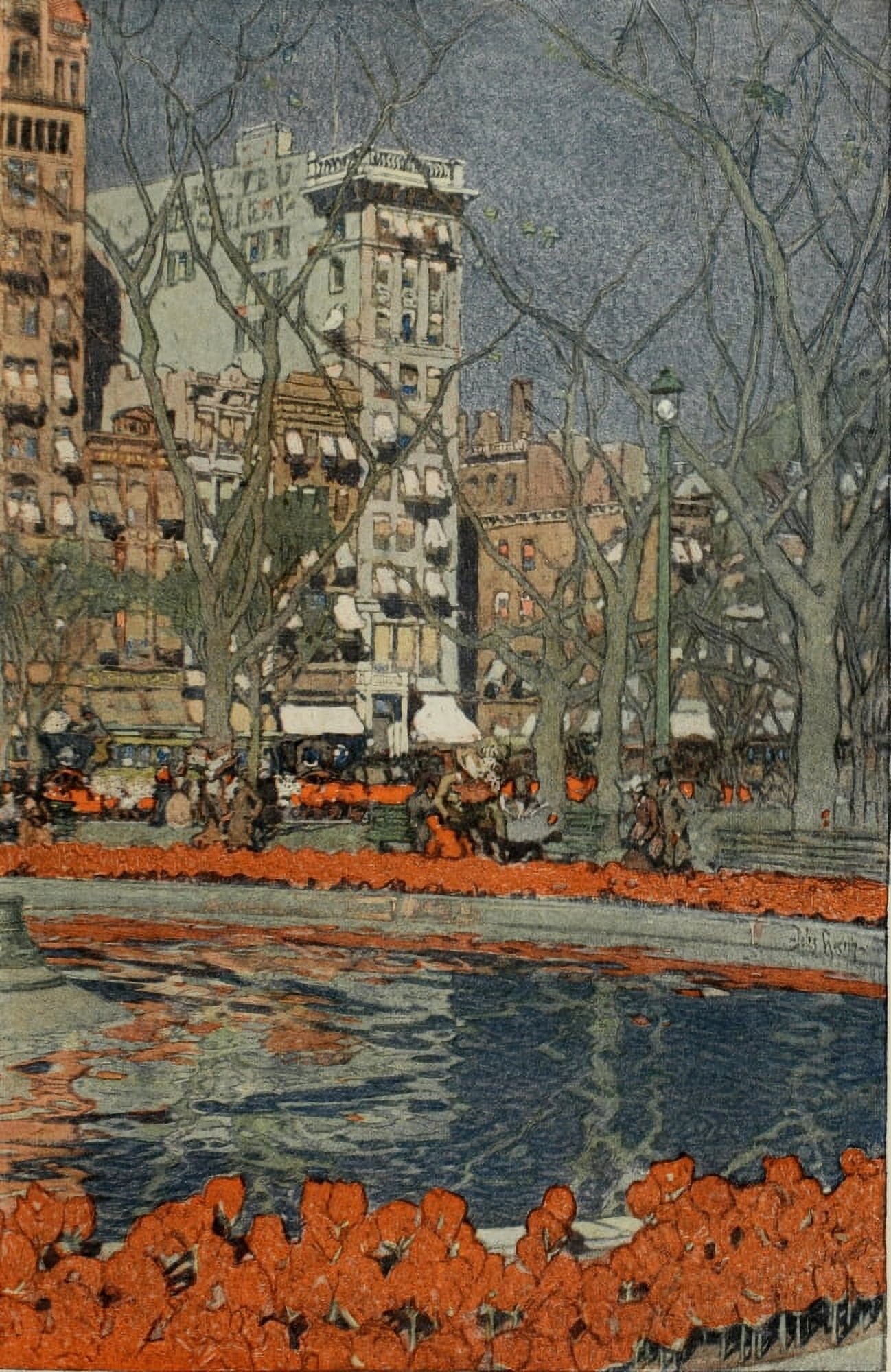Scribners Magazine 37 1905 Tulips bloom in Union Square 2 Canvas Art - Jules Guerin (24 x 36)