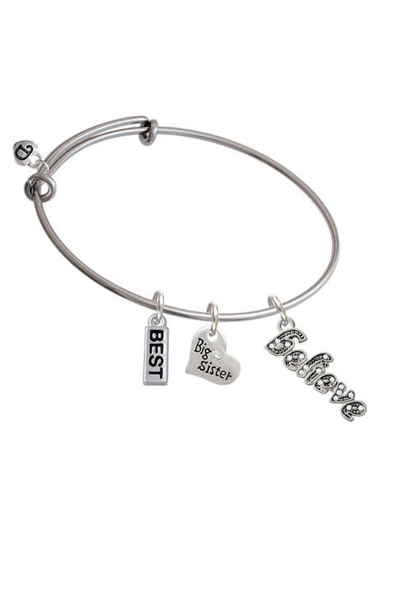 Script ''Believe'' with Clear Crystals Big Sister Heart Expandable Bangle Bracelet