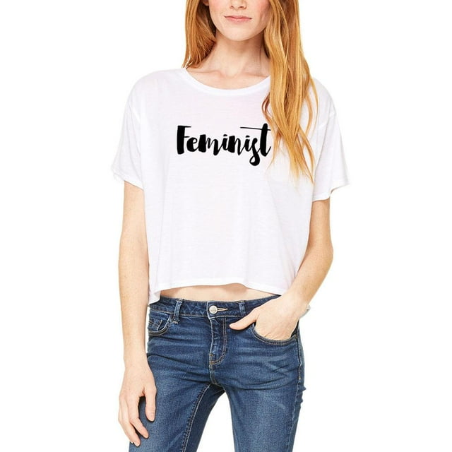 Script Cursive Feminist Juniors Boxy T Shirt White LG